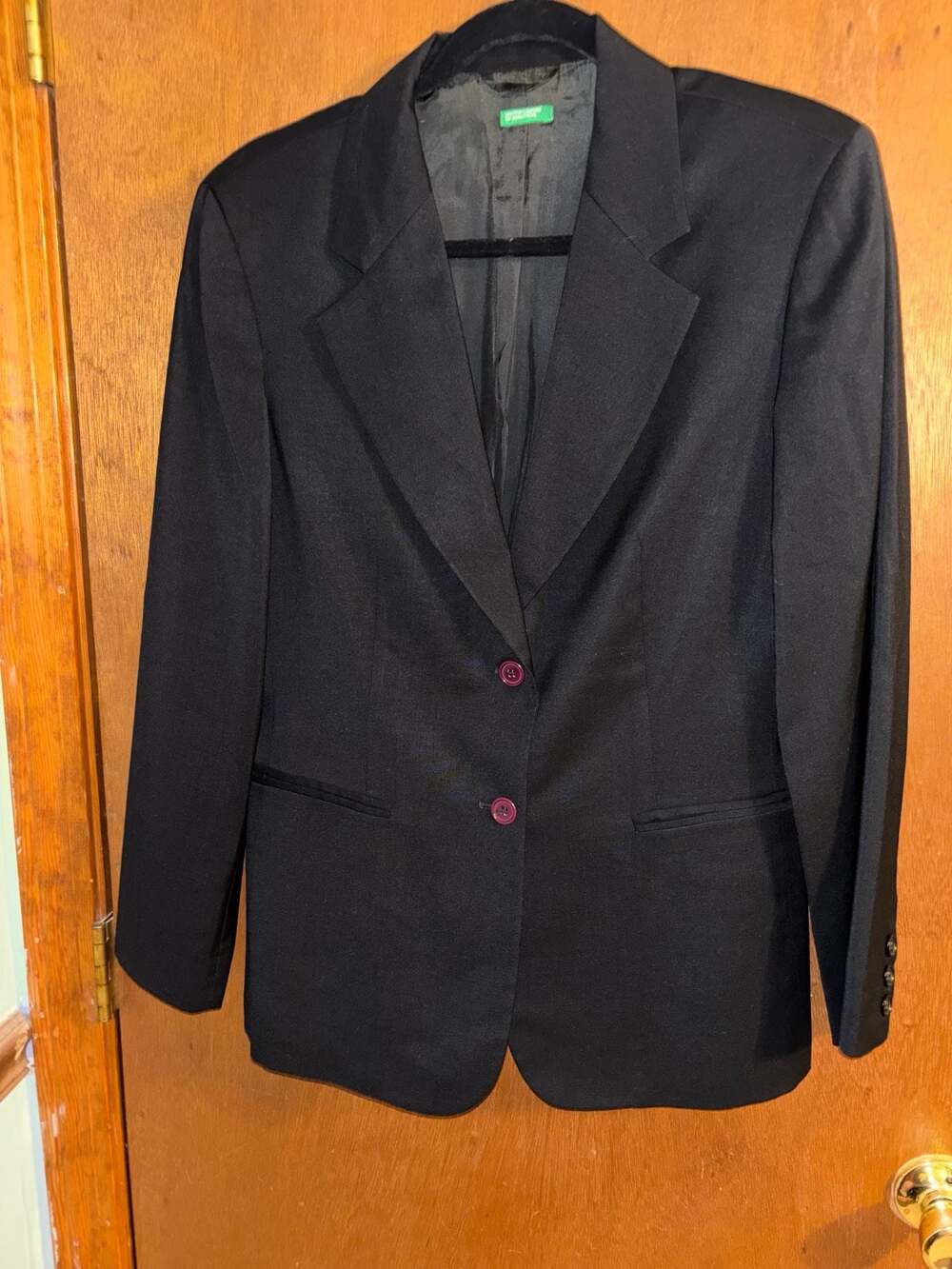 United Colors of Benetton Black Virgin Wool 2-Button Lined Blazer Jacket Size 10